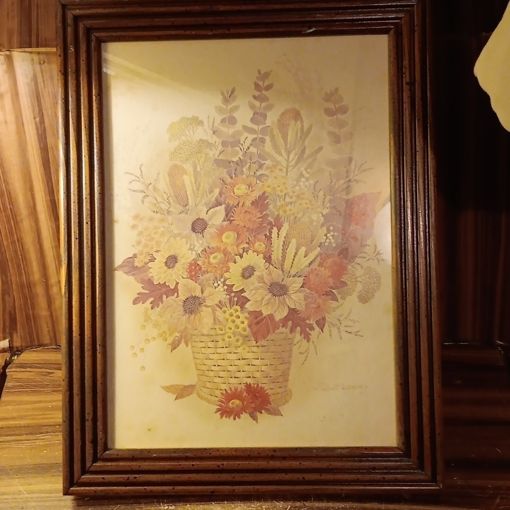 Vintage Robert Leasing framed lithograph print basket of flowers
